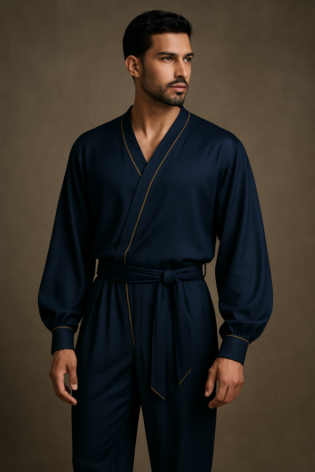Man in soft utility wear with pastel tones